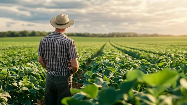Farmer overlooking lush green soybean field during sunset reflecting on a productive day in rural countryside
