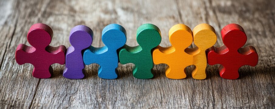 Colorful wooden puzzle pieces on rustic wooden background, symbolizing unity and diversity.