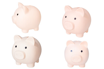Set of piggy banks in various angles on white background, finance concept, money saving, budgeting, isolated