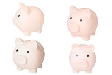 Set of piggy banks in various angles on white background, finance concept, money saving, budgeting, isolated
