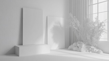 Minimalist interior design featuring white walls, blank canvases, and soft textures in a serene natural light setting