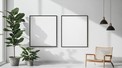Stylish interior design showcasing empty frames and cozy chair with greenery in a bright, modern living space