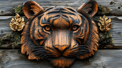 Intricately carved wooden tiger head mounted on a rustic wall, showcasing craftsmanship and artistry