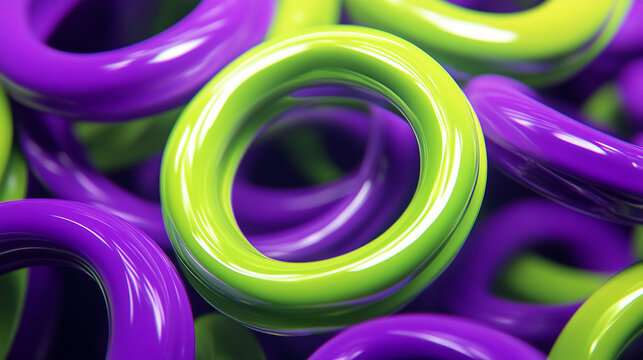 Close-Up of Bright Green and Purple Interwoven Rings Symbolizing Playfulness and Color. Vibrant green and purple rings interlocked, showcasing a playful and energetic color scheme.