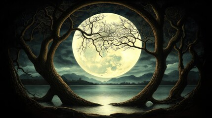 Full moon framed by trees over a lake at night