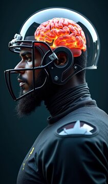 Athlete in a clear football helmet reveals a glowing brain in side profile on dark teal. Concept of sports medicine clinics, youth football safety guides, and neurology journal articles.