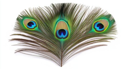 Obraz premium Closeup of a Vibrant Peacock Feather on White Background
