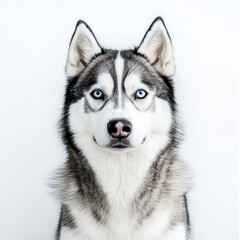 Obraz premium Siberian husky with piercing blue eyes against white background