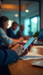 A professional checking emails on a smartphone during a business meeting.