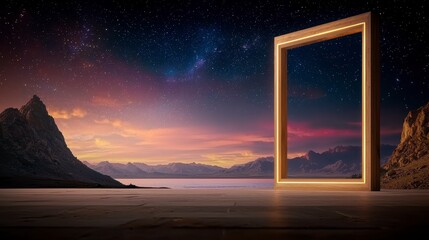 Glowing Wooden Frame on a Night Mountain Lake Landscape