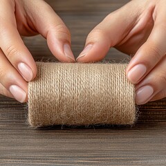 Obraz premium Close up of Hands Holding Beige Fabric Roll on Wooden Surface