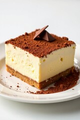 Delicious cheesecake slice topped with chocolate on a white plate.