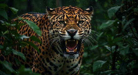 Roaring Jaguar Portrait in Jungle Habitat Showing Teeth and Intensity