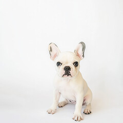 sweet French bulldog puppy sits attentively on white background