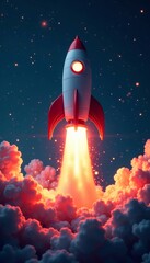 Fototapeta premium Rocket bursting out of lightbulb with bright lights and colors, illumination, innovation