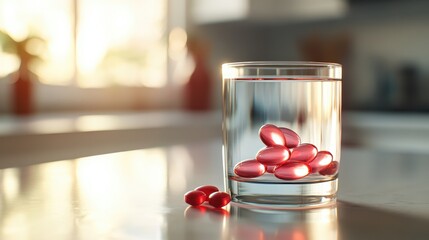 Red Capsules in Glass of Water with Soft Background Lighting