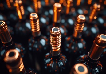Close-up of wine bottles with golden caps, displaying an elegant and luxurious appearance.