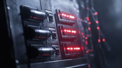 Red LED Lights Flickering on Control Panel in Dark Environment