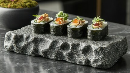 Exquisite sushi trio on a unique stone platter.  Fresh, colorful, and flavorful rolls