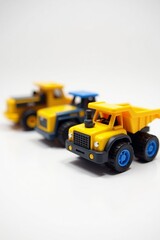 Fototapeta premium Colorful toy construction trucks lined up for imaginative play and creative adventures.