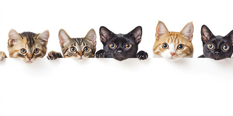 Cats peeking over white background with curious expressions