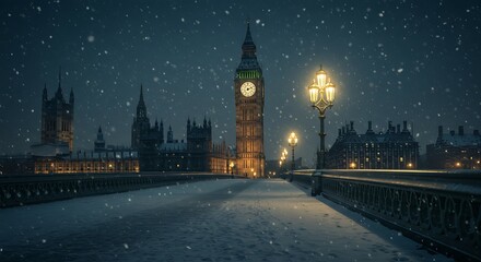 London's Big Ben in Winter Snowfall at Night with Illuminated Bridge