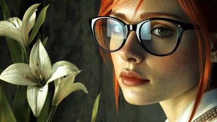 Young woman with red hair and glasses gazing thoughtfully at a flower in a softly lit indoor setting - Powered by Adobe