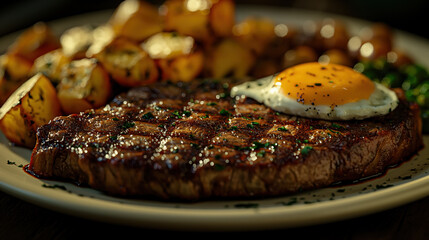 A delicious plate of steak and eggs.