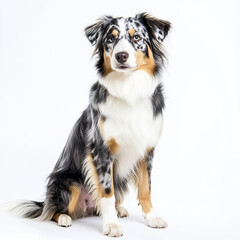 Fototapeta premium young Australian Shepherd with gentle gaze sits on white background
