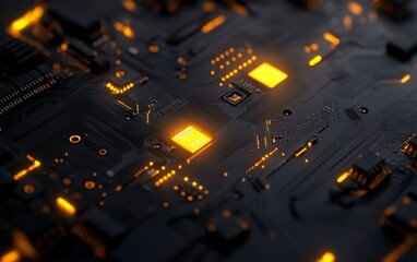 Close-up of electronic circuit board with glowing yellow chip letters, microchips, and wires on black background, tech detail shot