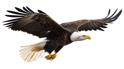 Fototapeta premium Bald eagle soaring with wings spread wide on white background