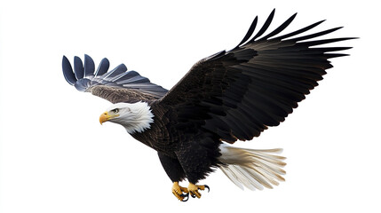 Fototapeta premium Bald eagle soaring with wings spread wide on white background