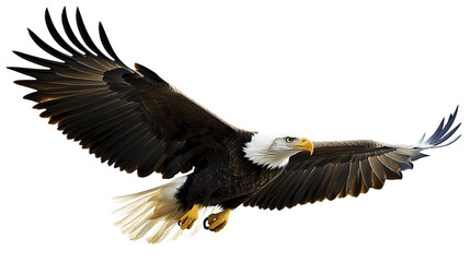 Fototapeta premium Bald eagle soaring with wings spread wide on white background