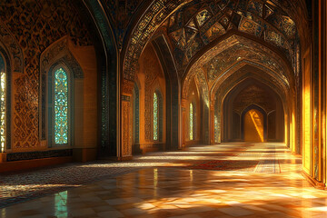 Obraz premium Majestic ornate corridor with intricate patterns and sunlight streaming through stained glass windows