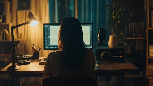 Creative work session in a cozy home office with focused individual and warm lighting