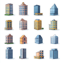 Set of Sixteen Unique Building Illustrations in Various Architectural Styles