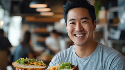 Eating at work asian. Smiling Man Enjoying a Fresh Sandwich in a Cafe
