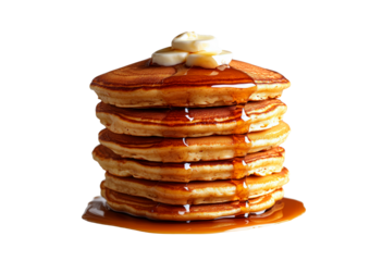 Stack of fluffy pancakes drizzled with syrup isolated on transparent background