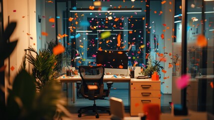 Office space bursts with confetti celebrating achievement and teamwork success