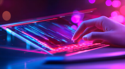 A hand touches the screen of a futuristic laptop with a neon blue and pink glow