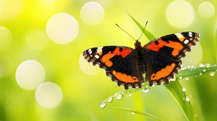 Naklejka premium Vibrant Butterfly Perched on Green Leaf with Beautiful Bokeh Background