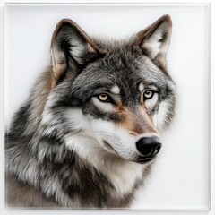 Obraz premium Close-up of a wolf-etched glass frame, captured with clarity and precision, set against a white background for easy integration into designs
