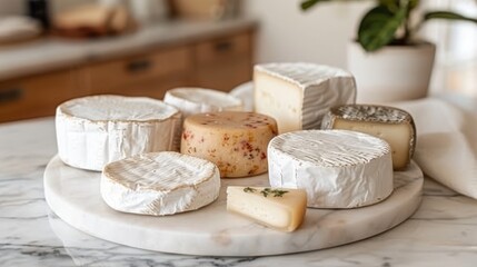 Assortment of artisanal cheeses on white plate, marble countertop, modern kitchen setting