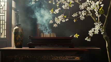 Ching Ming Festival: Traditional altar with incense and blossoms, cultural harmony