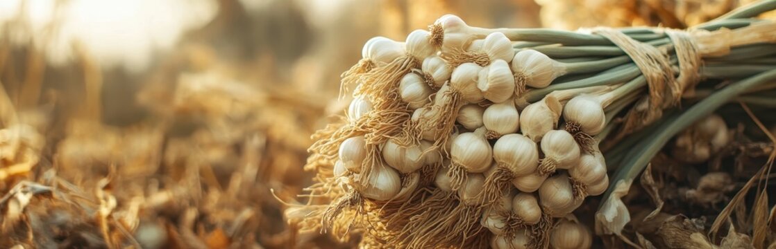 Freshly harvested garlic bulbs tied in a bundle on a sunny farm field.
