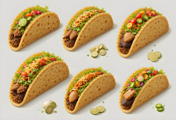 Culinary Diversity: An artful arrangement of six assorted tacos, each a miniature masterpiece showcasing vibrant ingredients and enticing flavors, ready to be savored.