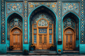 Obraz premium Ornate blue-tiled building facade with intricate patterns and wooden doors, showcasing vibrant architecture