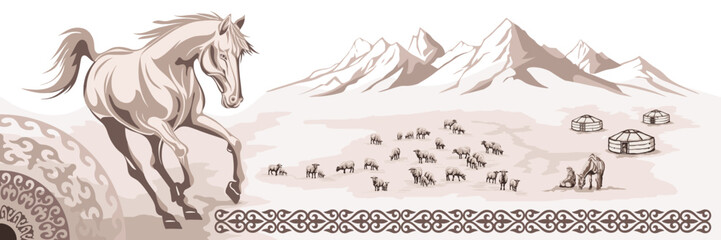 Ethnic illustration, traditions and patterns of Central Asia, yurt and a galloping horse, shepherd and flock of sheep, vector design