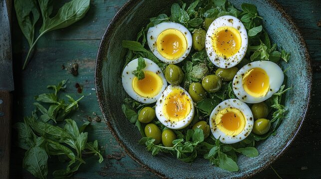 Fresh, healthy salad with halved hard-boiled eggs, herbs, and olives