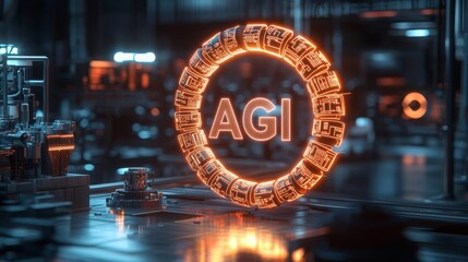 Fototapeta premium AGI Artificial general Intelligence Futuristic AGI symbol in neon glowing style.